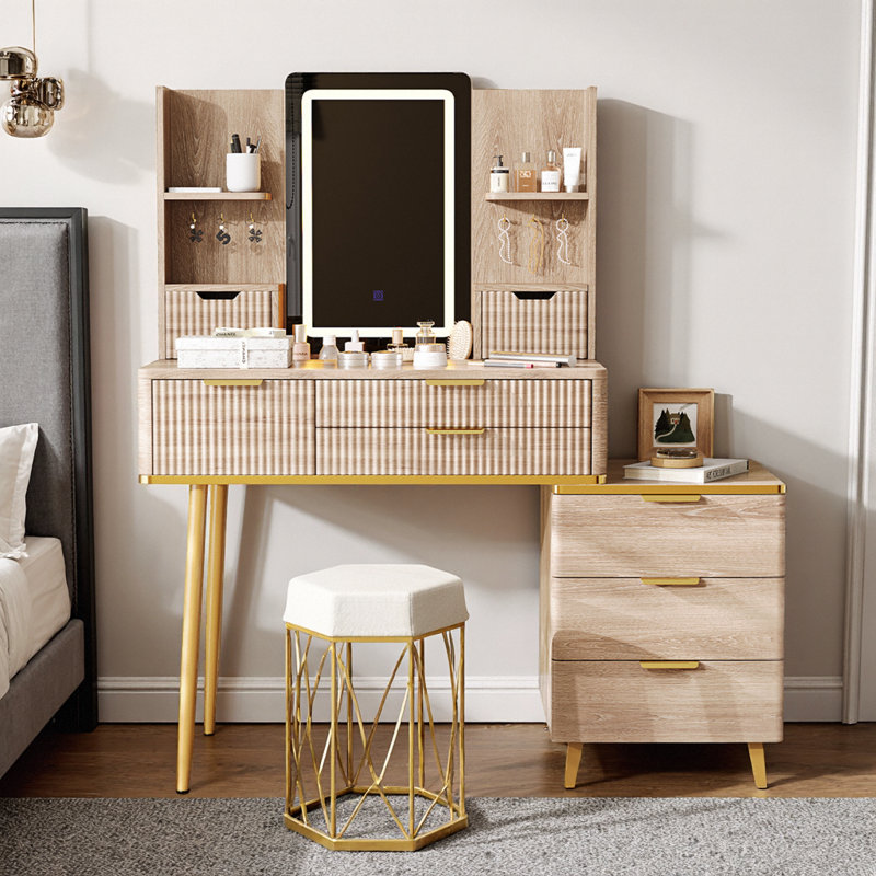 39" Fluted Vanity – 7 Jeweled Drawers, 3-Color LED Mirror, Carved Yellow-Brown Panels, Metal Legs, Rolling PU Stool, Necklace Hooks & Ring Pads