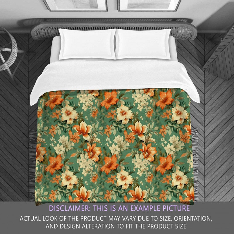 Machine Printed Comforter, Twin Extra Long Comforter, Green/Orange Floral