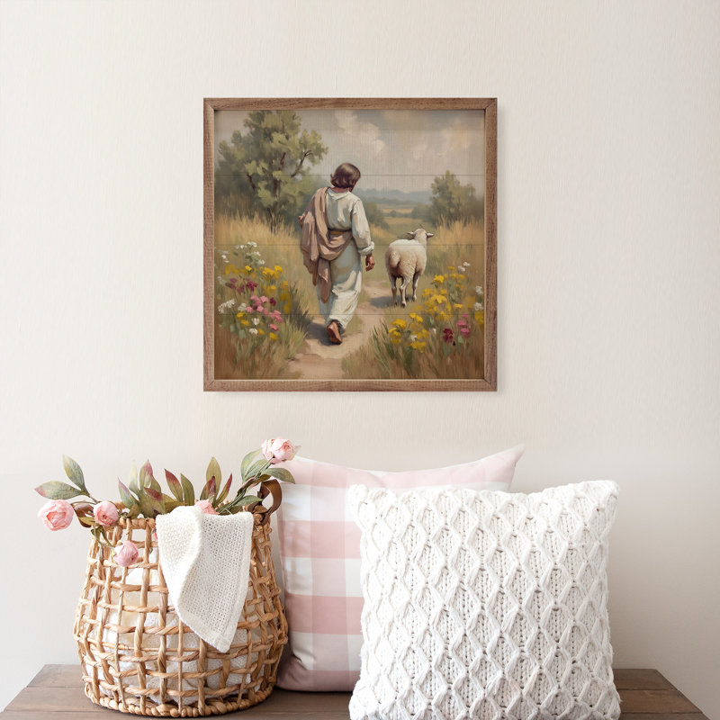Jésus et ses moutons dans les fleurs, H 4 po x l 4 po