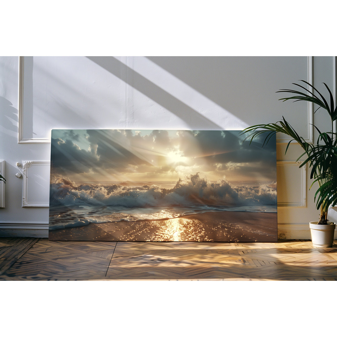 Leinwandbild gerahmt 120x60cm Strand Wellen Sonnenuntergang Meer Ozean