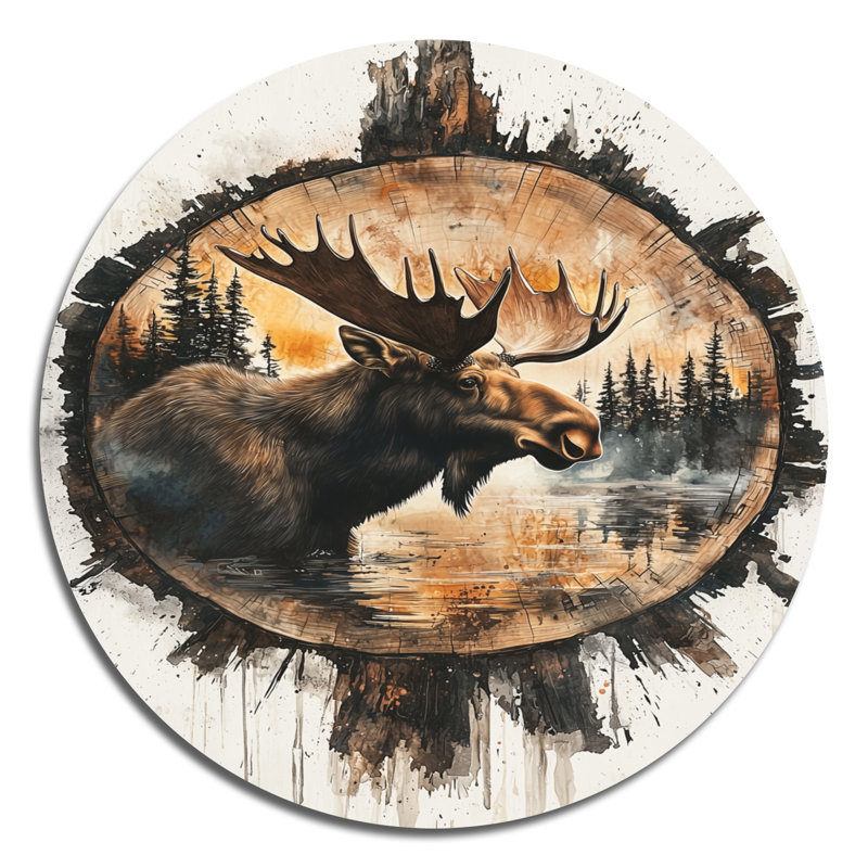 Portrait d'orignal canadien dans un paysage de lac - reproduction murale moderne en métal brun, H 36 po x l 36 po