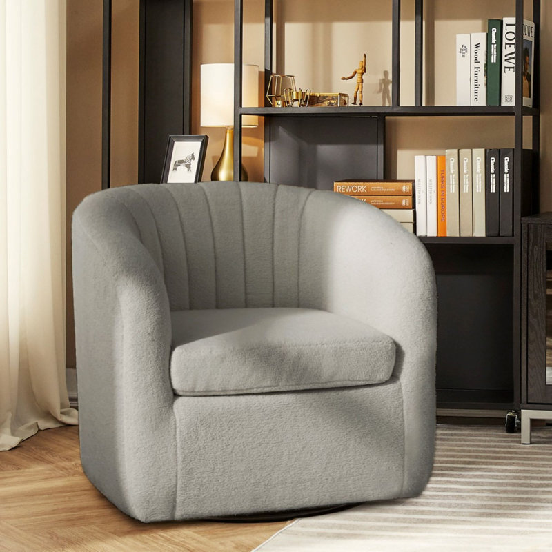 Gray Polyester Blend Swivel Barrel Chair with Wood Base