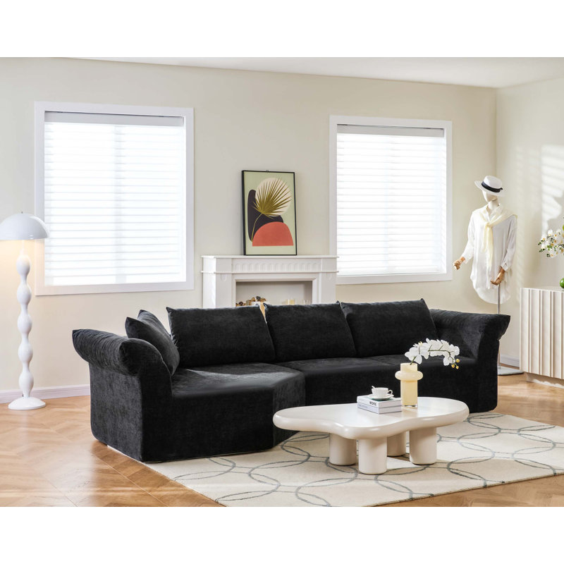 Canapé d'angle modulaire moderne avec assise profonde et larges accoudoirs, Tissu noir, Left Hand Facing