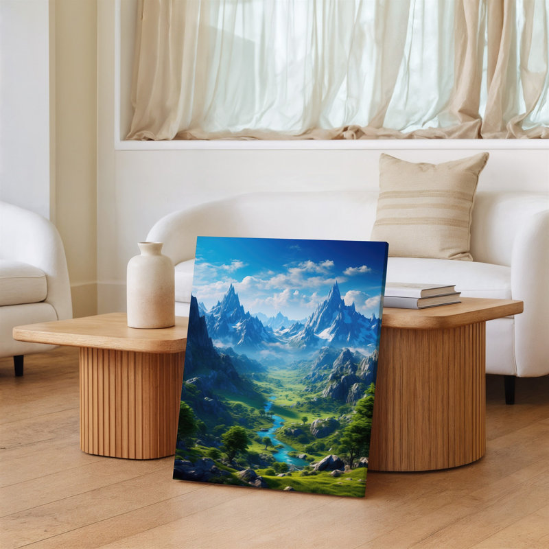 Toile, "Un paysage à couper le souffle avec des montagnes dentelées couronnées de neige couronnées de majestueux contre une toile"