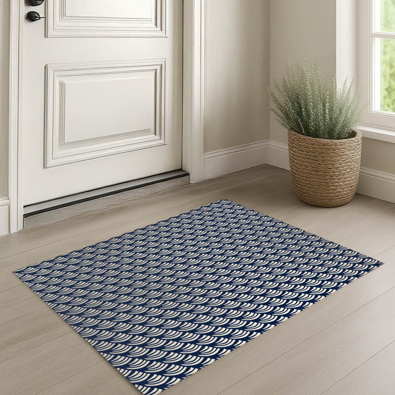 Tapis d'entrée intérieur ultra mince, léger et antidérapant à motif vague en diagonale, Bleu marin, 36" W x 60" L