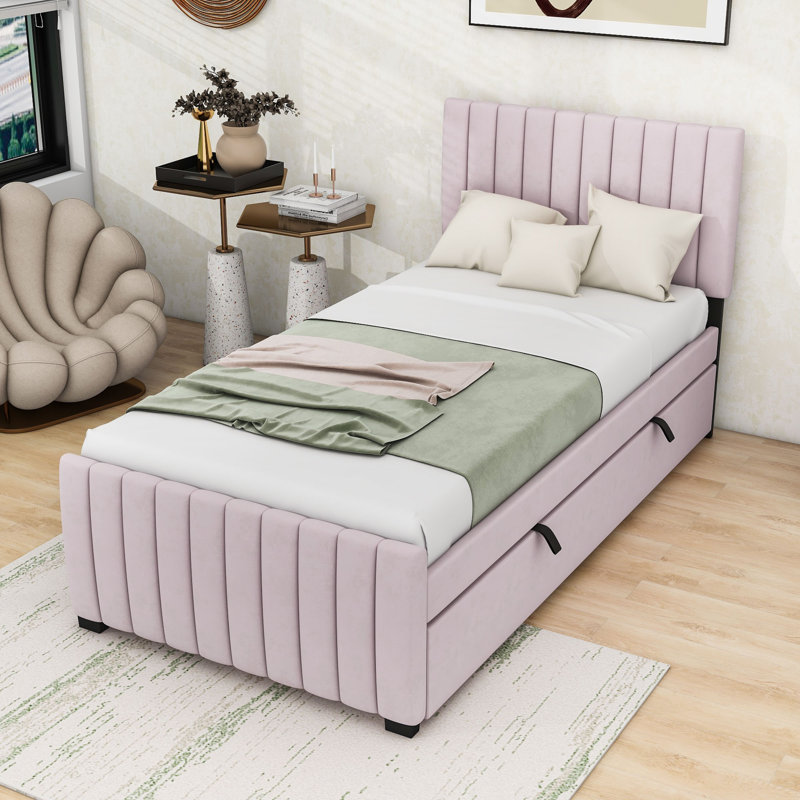 Lit plateforme tapissier avec lit gigogne et tête de lit, Simple, Rose