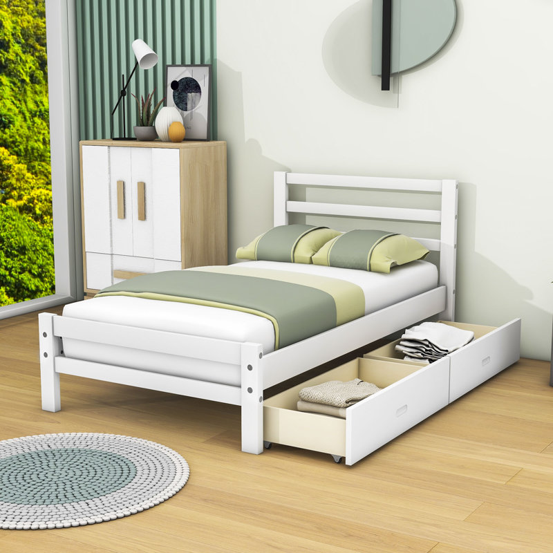 Lit plateforme 2 tiroirs avec tête de lit Wooden, Simple, Blanc