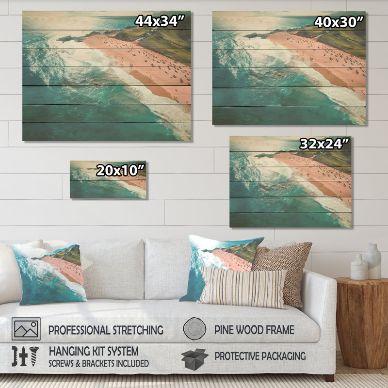 Blue And Pink Beach Aerial View IV - Beach & Ocean On Wood Print, 10" H x 20" W x 0.78" D