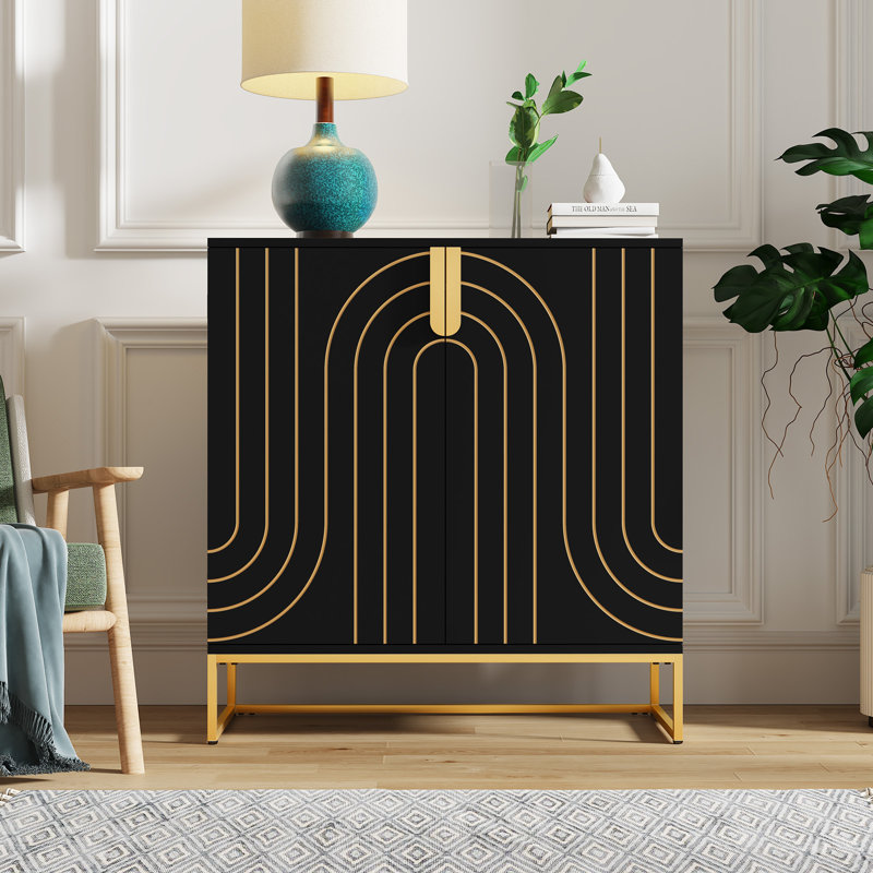 Armoire de rangement moderne à 2 portes, buffet avec base en métal, armoire à motif géométrique, 31,7 po, Blanc, Mdf
