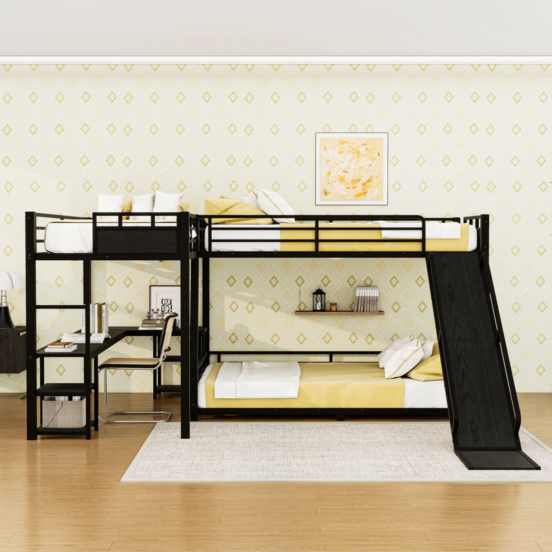 L-Shaped Metal Triple Bunk Bed With Slide, Desk And Storage, Extra Long Twin and Full XL Over Queen