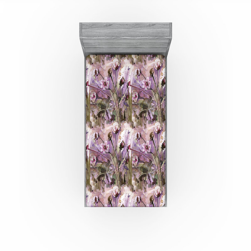 Drap-housse floral Ambesonne, Drap-housse pour lit simple TG, Mauve / vert armée / motif floral rose