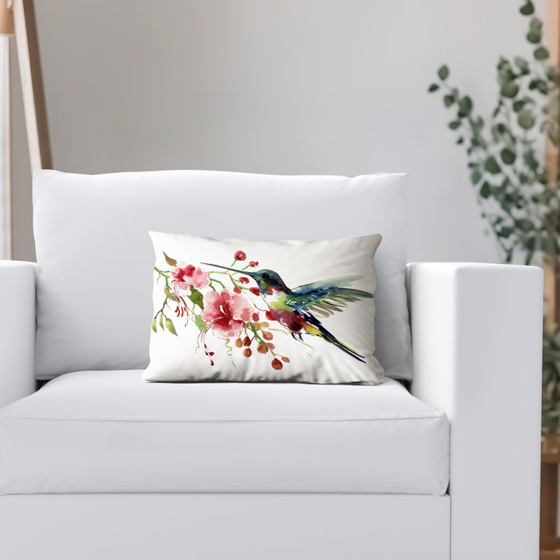 Floral Throw Pillow with Premium Polyester - Hummingbird and Flowers, 10" H x 14" W
