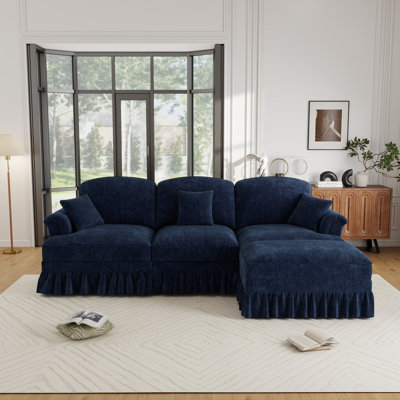 Chenille Skirted L-shaped Sectional Sofa With Ottoman