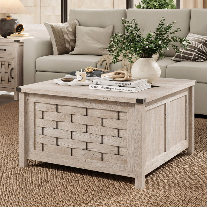 Square Wood Coffee Table with Hidden Large Storage, Farmhouse Coffee Tables for Living Room, Light Gray
