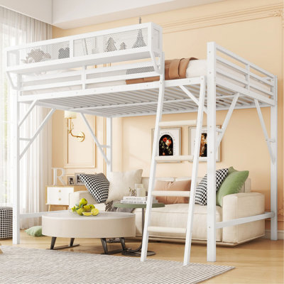 Full Size Loft Bed With Ladder, Metal Full Loft Bed With Storage Shelves, High Loft Bed For Kids Teens