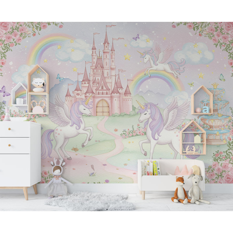 Unicorn Princess Castle, impression murale, papier peint de chambre de fille, adhésif pour chambre de bébé, arc-en-ciel auto-adhésif 619RS (Peel-N-Stick) RS619