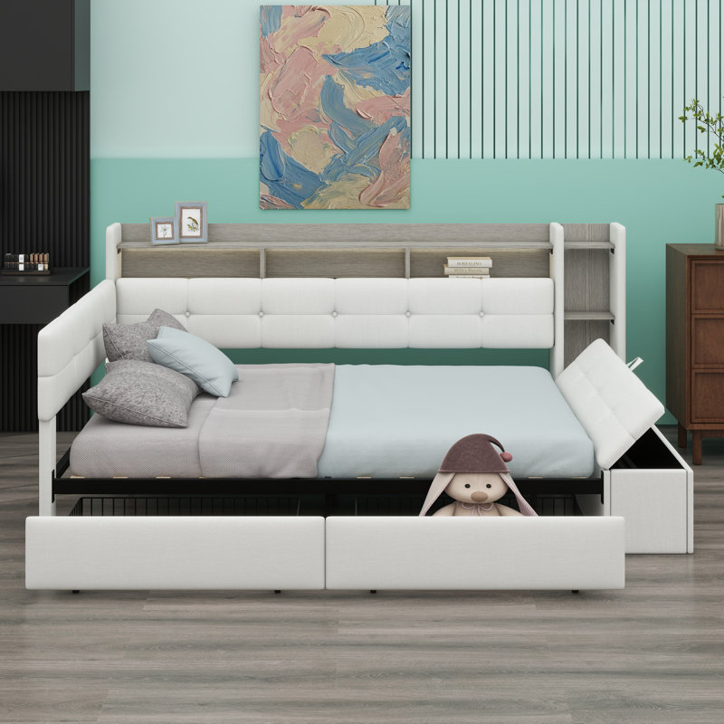 Upholstered Daybed with Storage Footstool, Shelves, Drawers, USB Charging & LED Light, Beige