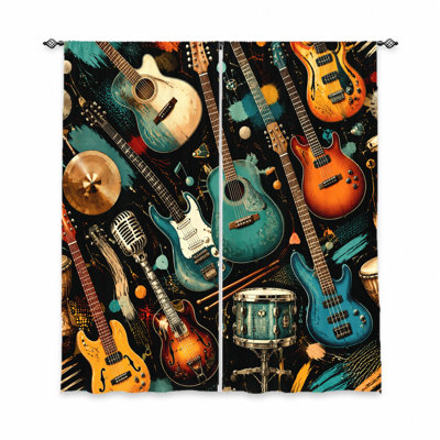 2 pièces de rideaux à motif d'instruments de musique, tissu filtrant la lumière, guitare rétro et imprimé tambour, protection de la vie privée, conception à passe-tringle, convient au salon, à la chambre à coucher, au balcon et à la cuisine