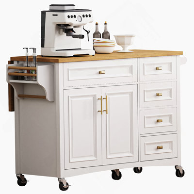 52'' Kitchen Island With Drop Leaf, Embossed Texture Kitchen Island On Wheels With Spice Rack, Towel Rack, 2 Doors And 5 Drawers, Kitchen Storage Cart With Adjustable Shelf For Kitchen, White