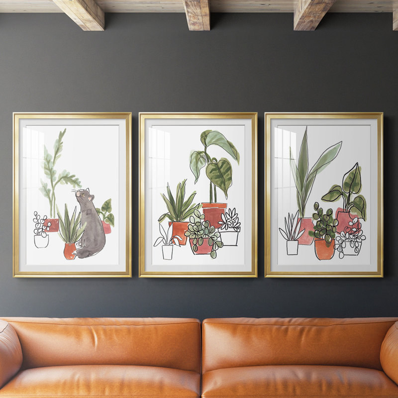 «Purrfect Plants IV», reproduction encadrée de qualité supérieure - prête à être accrochée, Cadre doré, H 30,5 po x l 45 po