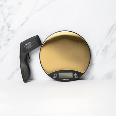 Taylor Gift-Boxed Black and Brass Pro Digital Dual Kitchen Scale 5kg, Infrared Thermometer