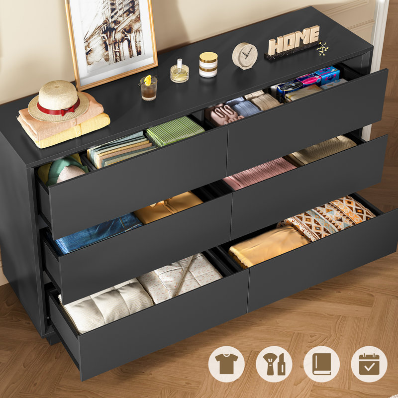 6 Drawer Dresser For Bedroom,  Modern Chest Of Drawers, Wood Closet Clothes Organizer For Bedroom, Hallway, Black, Black