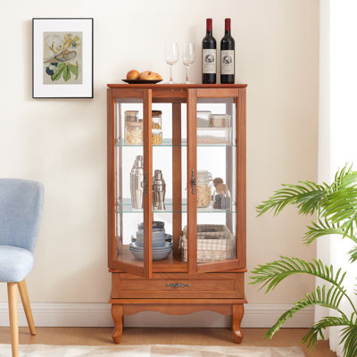 Armoire éclairée en verre avec tablettes réglables et tiroir - 2 portes, unité de présentation sophistiquée à finition chêne pour le vin 1 tiroir, tablettes