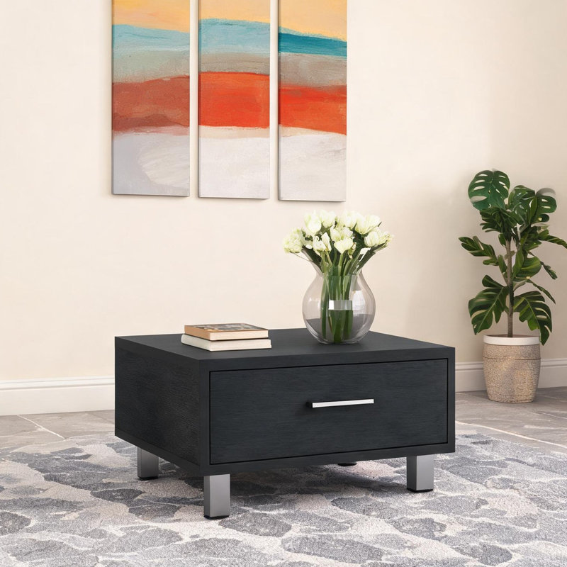 Table basse carrée noire mate avec tiroir spacieux, cadre en bois d'ingénierie de 23,6 po