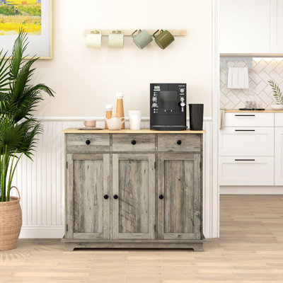 Buffet moderne avec rangement - comptoir en bois massif, gris, 3 tiroirs, portes, tablette réglable, armoire de cuisine grise pour assiettes, casseroles, poêles, ustensiles, serviettes de table