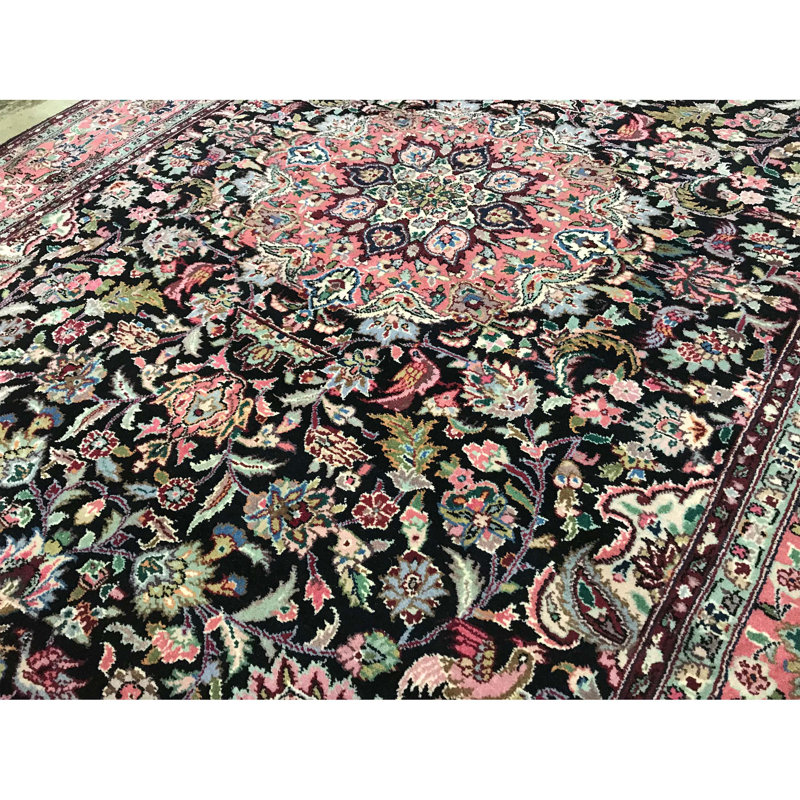 Wool Oriental Area Rug in Black/Pink/Green