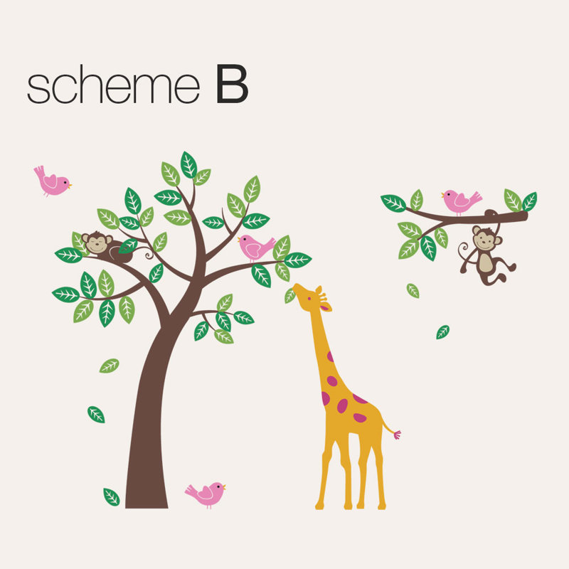 Décalcomanie murale arbre avec singe, giraffe et oiseaux, Rose / Vert