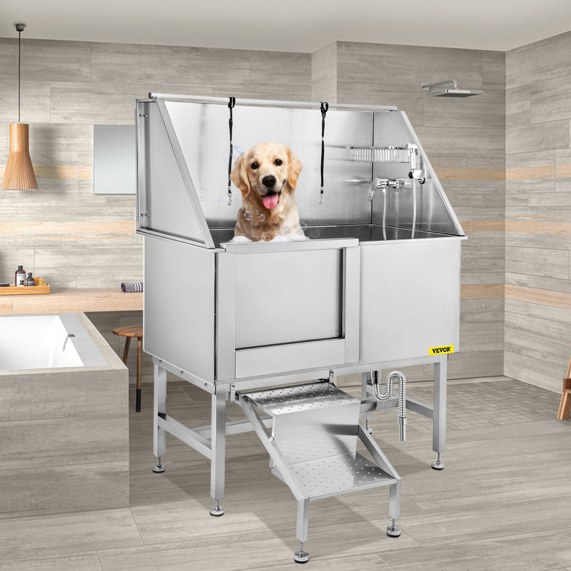 Baignoire de toilettage pour chien de 50 pouces, baignoire pour chien professionnelle en acier inoxydable avec robinet à marches et accessoires