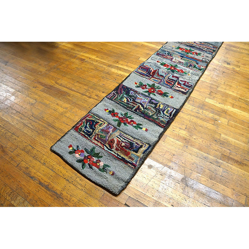 Gray Antique American Floral Folk Art Design Hooked Long Hallway Runner Rug