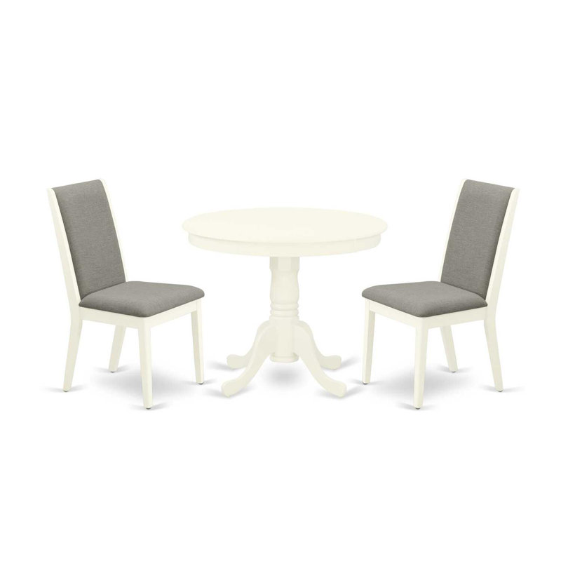 L'ensemble de table de cuisine 3 pièces pour petits espaces comprend une table de salle à manger ronde avec piédestal et 2 chaises rembourrées en tissu Shitake, lin blanc