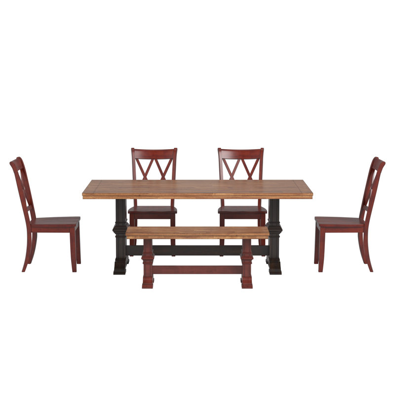 Ensemble de salle à manger Sloan 78 po en bois massif fini chêne avec chaises à dossier en X - 7 pièces, table à piètement noir antique, chaises à piètement rouge antique et banc