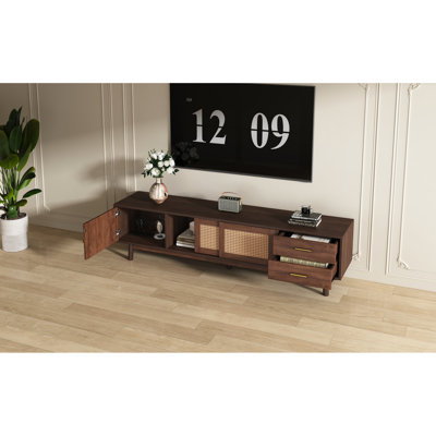80" Tv Stand, Mid Century Entertainment Center With Sliding Doors And Two Drawers, Spacious Storage, Solid Wood Legs, Waterproof Finish, Ideal For Modern Living Spaces