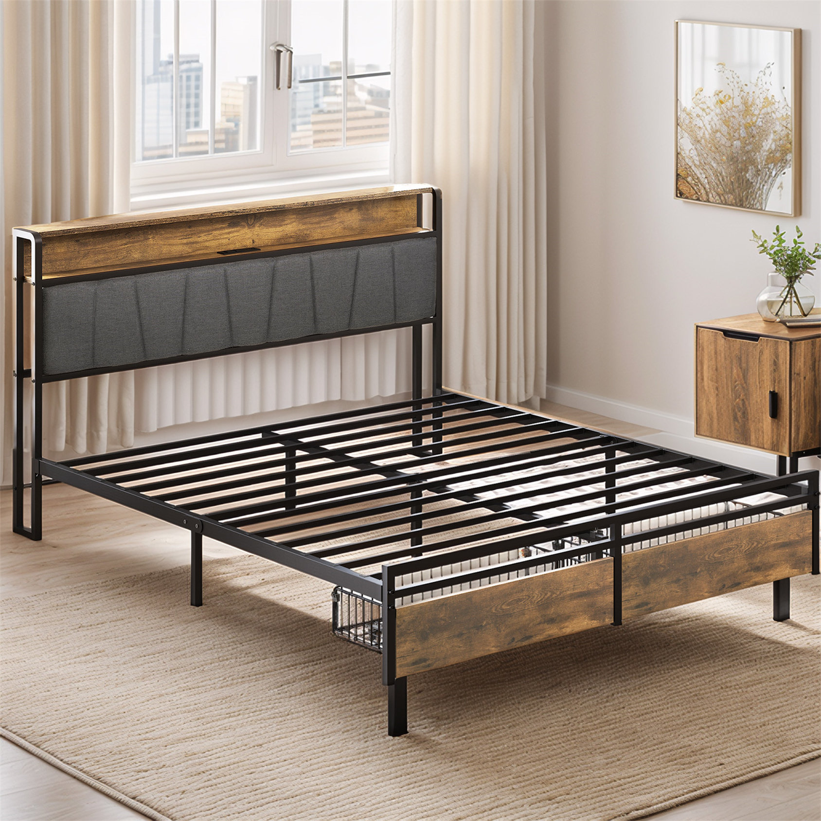 17 Stories Upholstered Bed Frame With 2 Drawers USB Ports, LED Lights ...