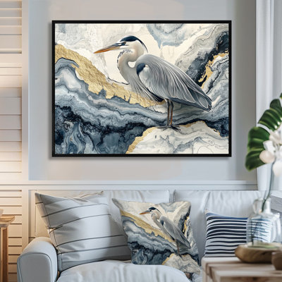 Harbert en marbre héron dans l'encre de Chine dorée paysage II - héron, art mural