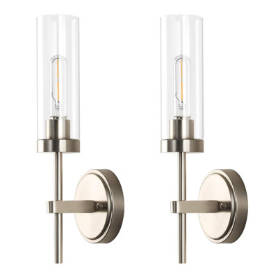 WILON Brushed Nickel Wall Sconces Set Of 2, Modern Vanity Lights With Clear Glass Shades For Bathroom, Bedroom, Living Room, And Hallway