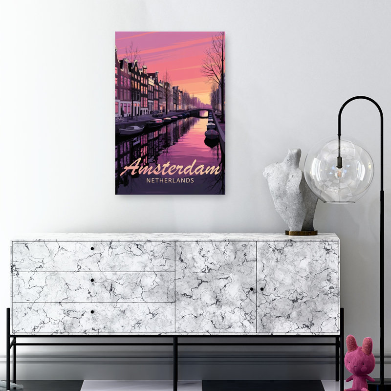 Amsterdam Sunset Canal, une affiche murale colorée, paisible et vibrante représentant l'architecture de la ville