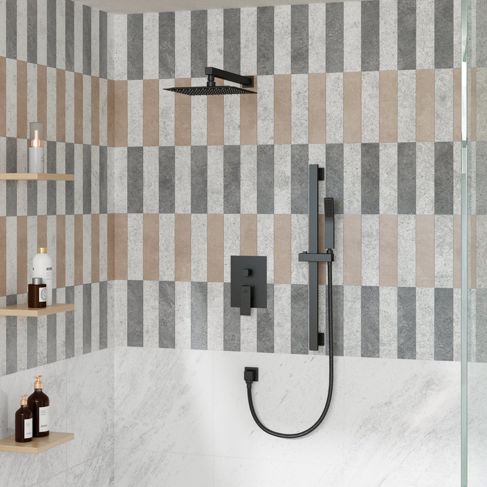 Slidea Complete Rainfall Shower System with Rough in-Valve and Slide Bar, Matte Black