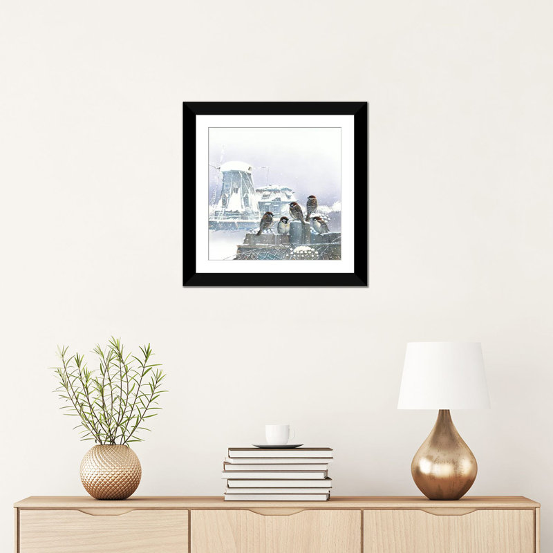 «Birdies and Windmill», impression sur toile, H 24 po x l 24 po x P 1 po, Papier beaux-arts encadré noir, Blanc