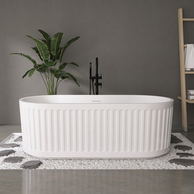Fslefay 67'' Freestanding Acrylic Soaking Bathtub in Glossy White with Drain and Overflow