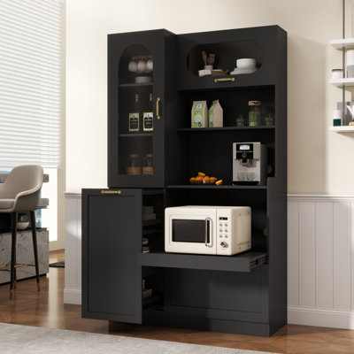 Armoire de cuisine de 71 po de hauteur avec porte en verre arquée et rangement coulissant