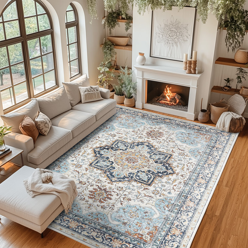 Washable Area Rug 8x10, Non-Slip Floral Vintage Retro Carpet, Neutral Machine Runner Rugs for Bedroom, Living Room, Kitchen, Hallways, Entryway