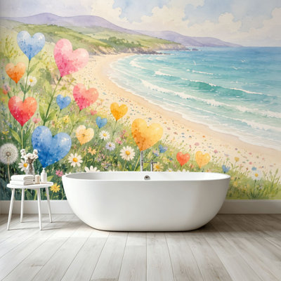 Papier peint adhésif pelez et collez paysage côtier fantaisiste en forme de cœur fleurs océan Vagues art mural auto-adhésif et amovible