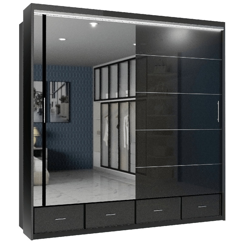 Desilets High Gloss Sliding Wardrobe with Mirror , 220 cm H x 208 cm W x 66 cm D, Black