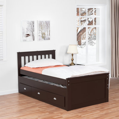 Jaslean Twin Size Captain's Bed with Pull Out Trundle and 3 Storage Drawers, Pine Wood Platform Bed -  Red Barrel StudioÂ®, CDFD0DCD0A684FE0AD7B380A9862F284