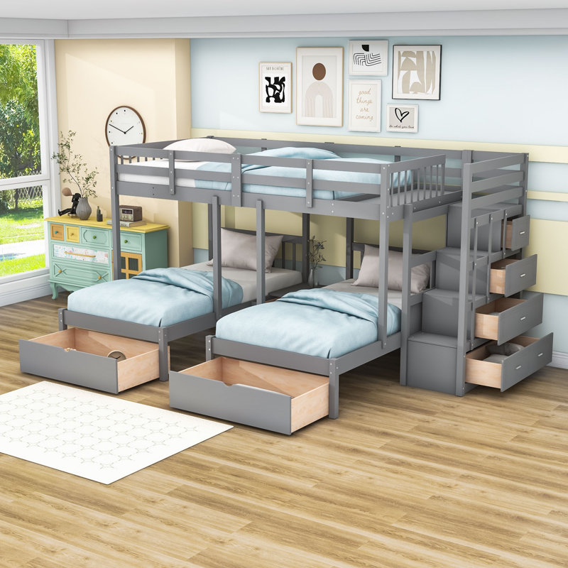 Full Over Twin And Twin Triple Bunk Bed With Staircase And Built-In Storage Drawers, Gray
