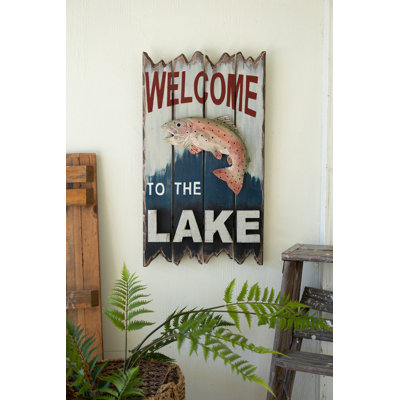  Wall Sign, Welcome to the Lake Sign with Trout 12"H - Multi-Color Distressed Wood Wall Decor (Set of 2)